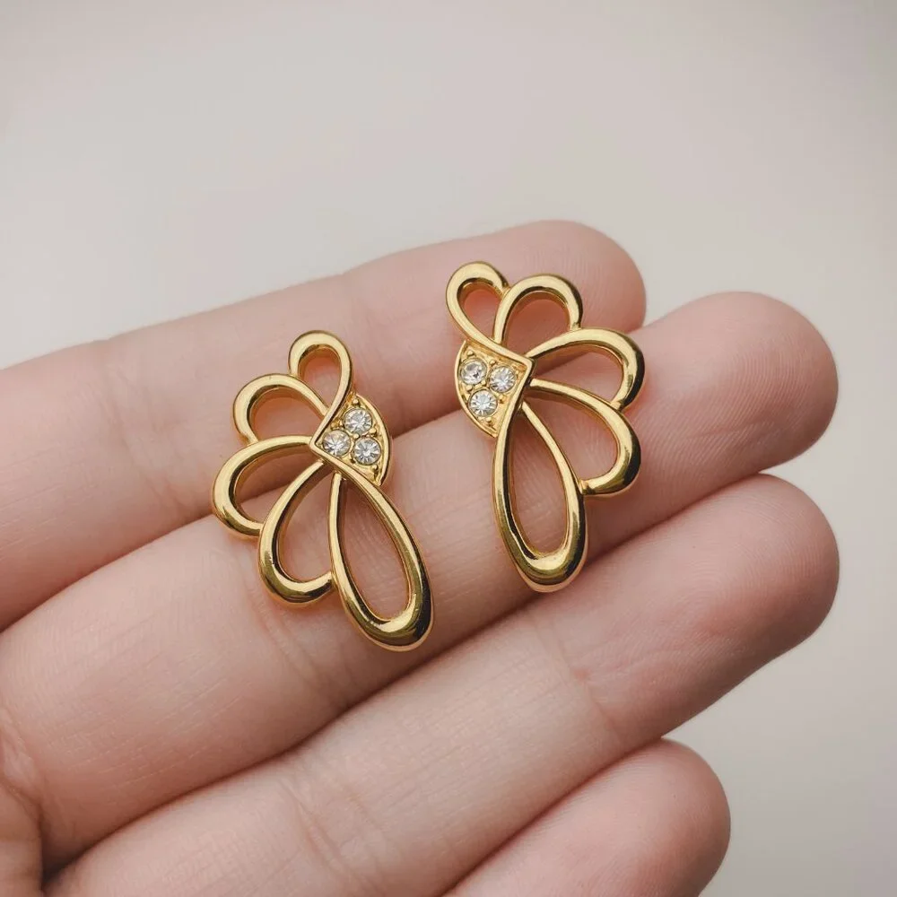 Vintage Avon Art Nouveau Asymmetrical Scallop Fan Shape Gold Rhinestone Earrings - Picture 6 of 8
